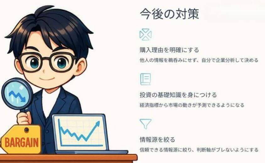 今後の対策・購入理由を明確にする・投資の基礎知識を身につける・情報源を絞る