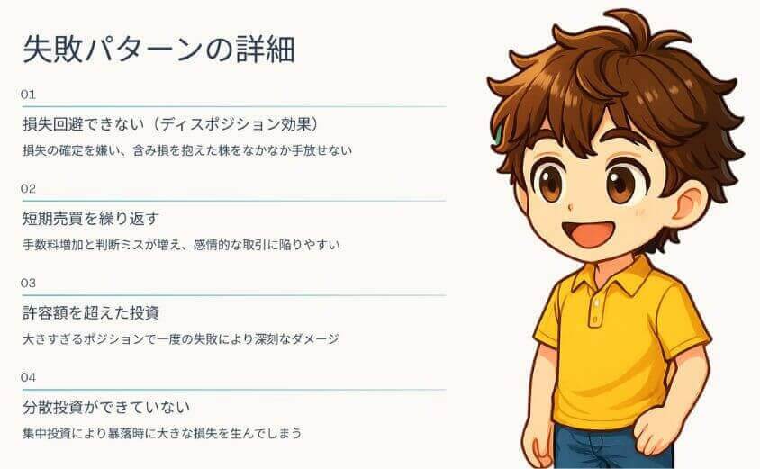 失敗パターンの詳細・損失回避できない(ディスポジション効果)・短期売買を繰り返す・許容度を超えた投資・分散投資ができない