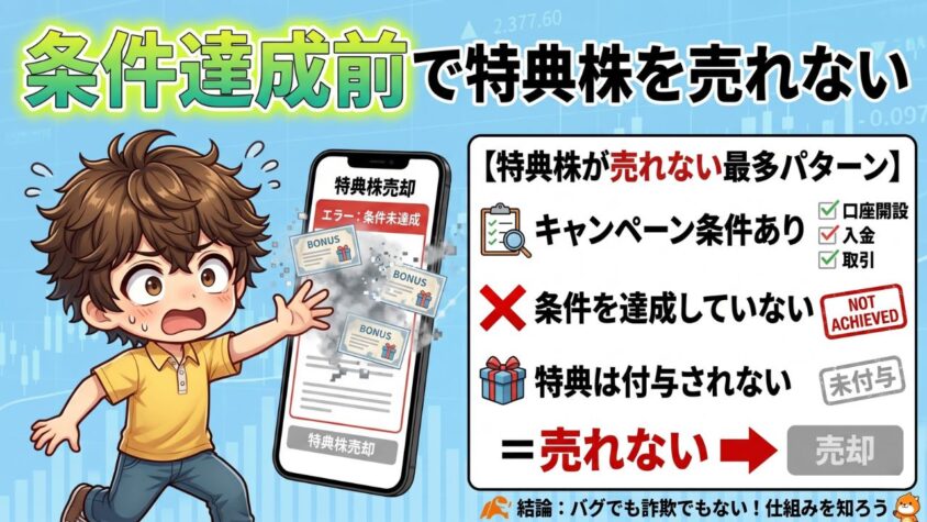 【最多パターン】① 条件達成前は特典株を売れない