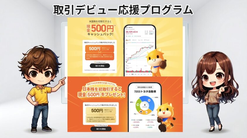 ② 取引デビュー応援プログラム(日本株・米国株 各500円)